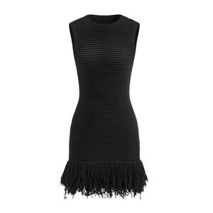 Commense Black Ribbed Knit Fringe Hem Dress XL Sleeveless Mini Chic Modern